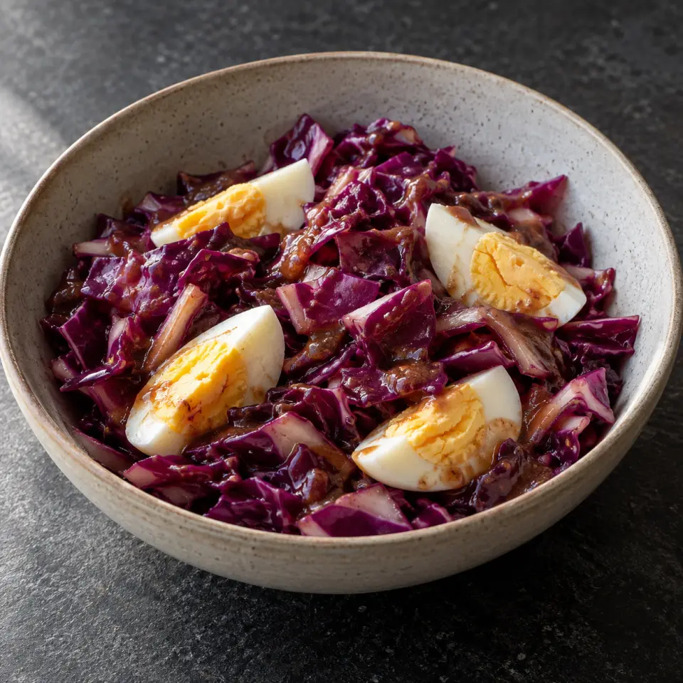 Red Cabbage Tamarind Salad in a wide bowl on a dark stone table, made with chopped, cabbage, red, organic selenium egg.