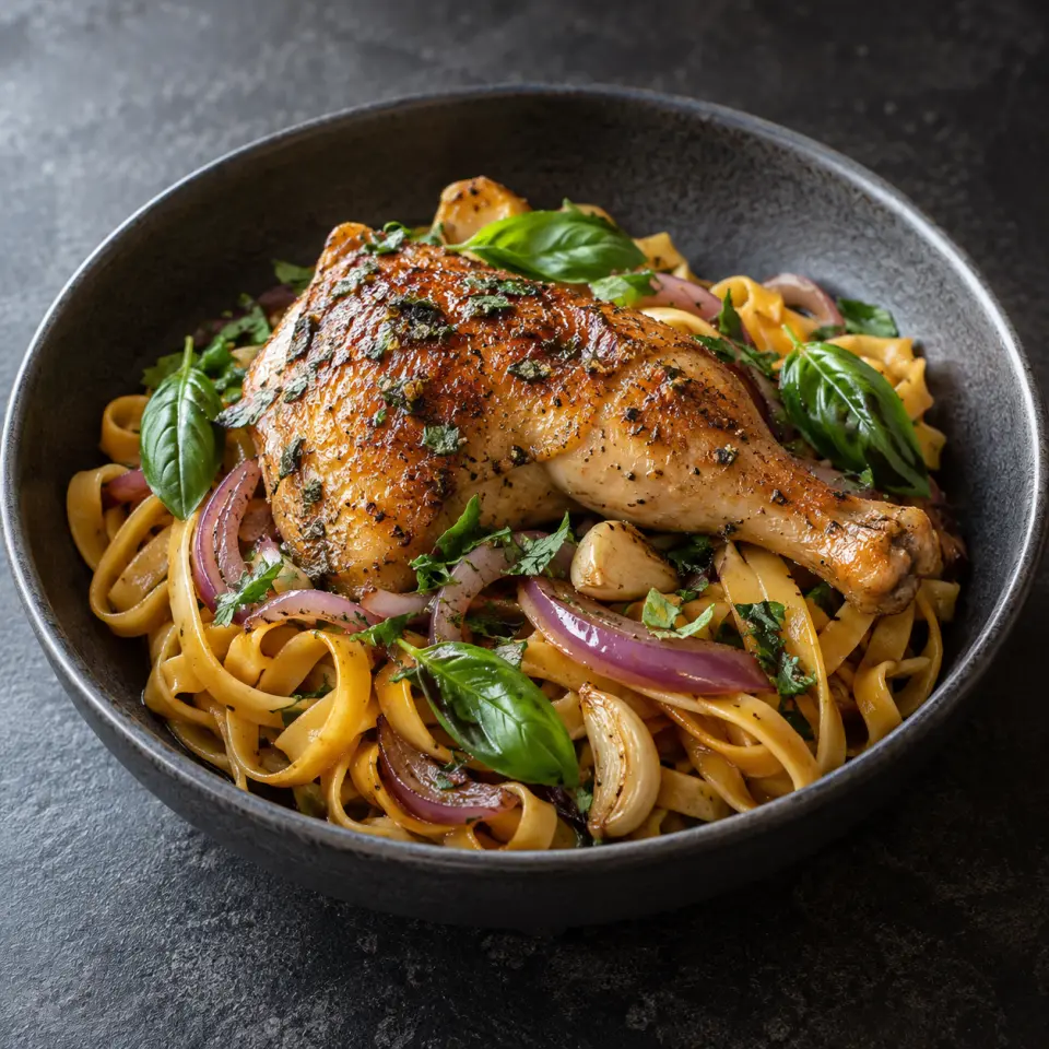 Refreshing Chicken Tomato Pasta in a bowl on a dark stone table, made with basil leaves, chicken leg quarter, garlic, calendula noodles.