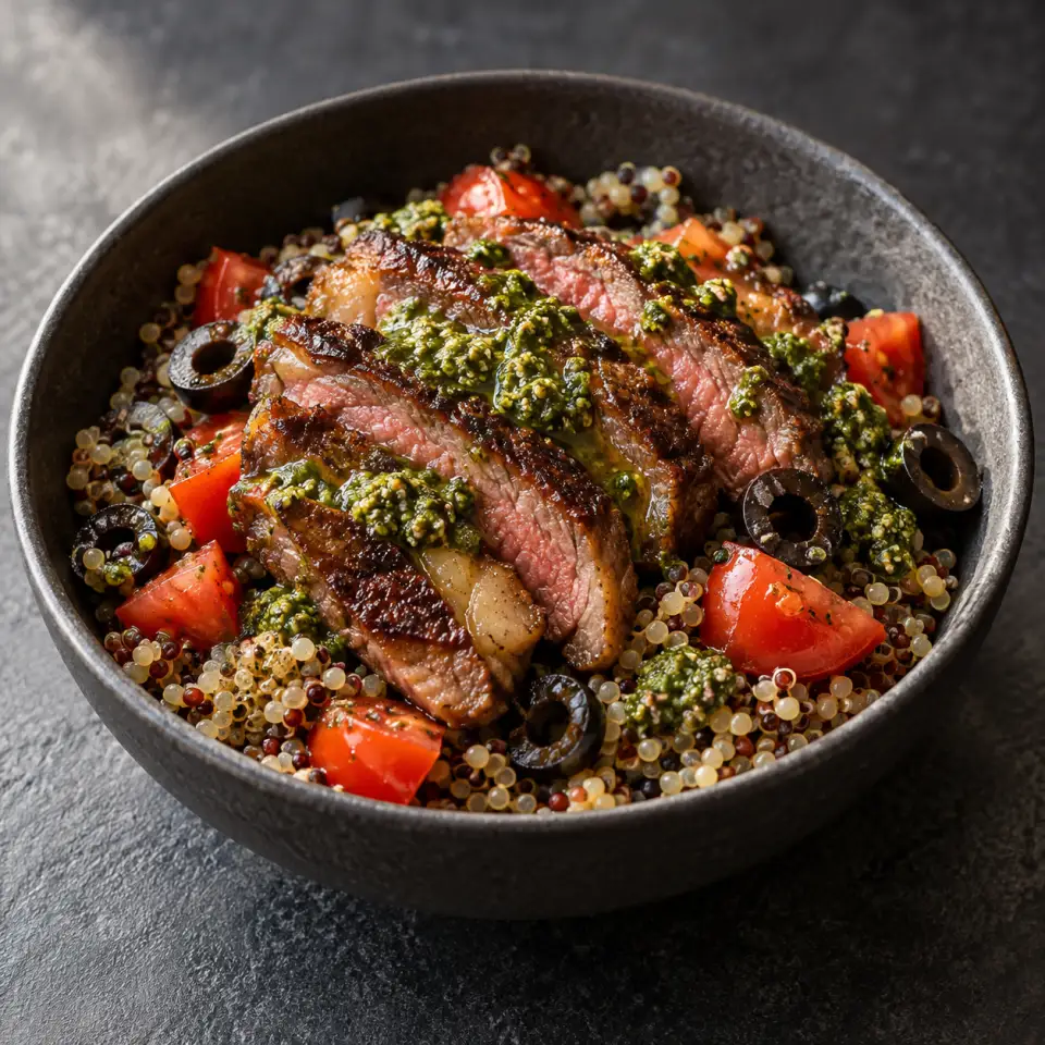Ribeye Quinoa Bowl in a bowl on a dark stone table, made with ribeye steak, tricolor quinoa, tomatoes, pesto.