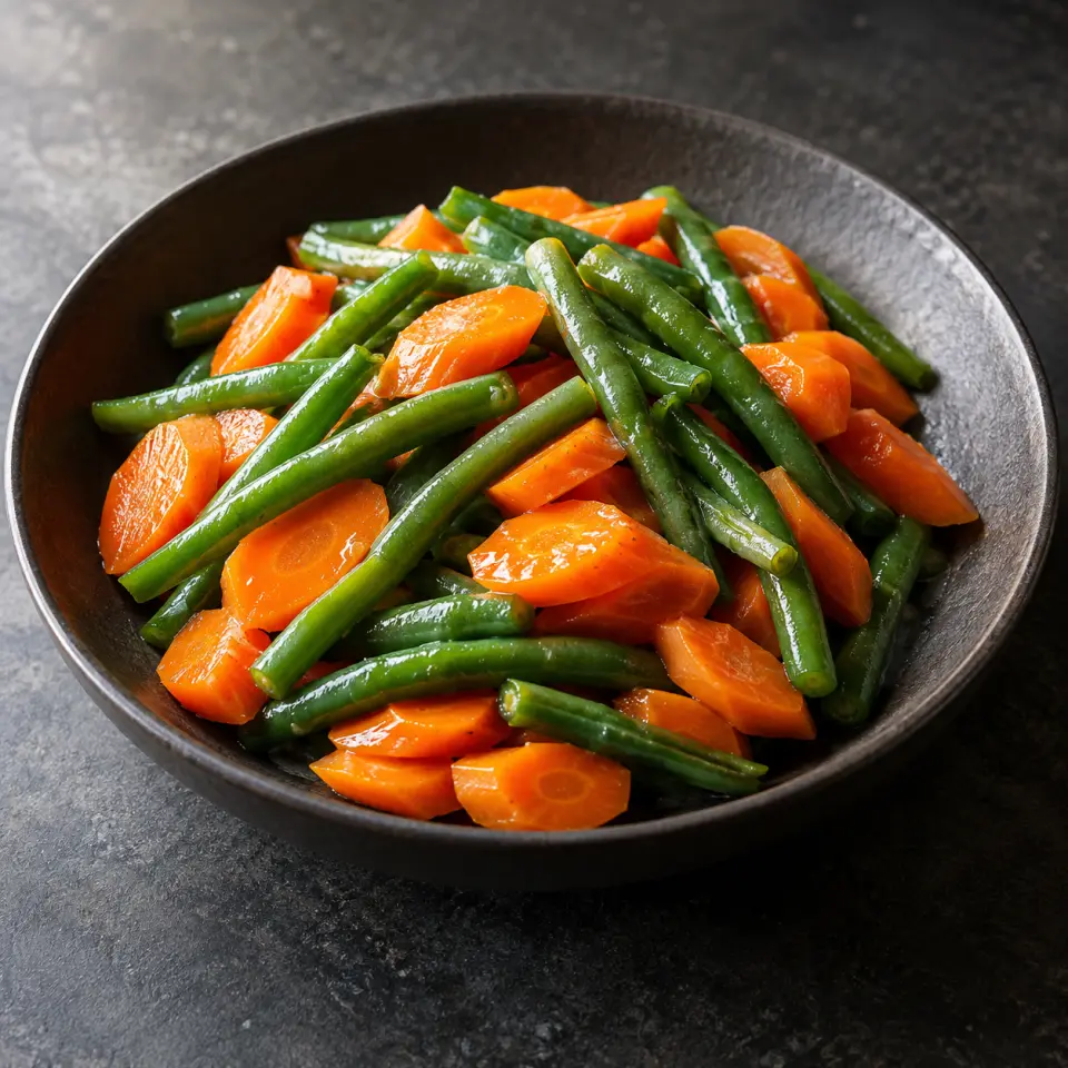 Rice Alt - Buttered Carrot and Beans on a plate on a dark stone table, made with carrots, blanched green beans, butter - unsalted.