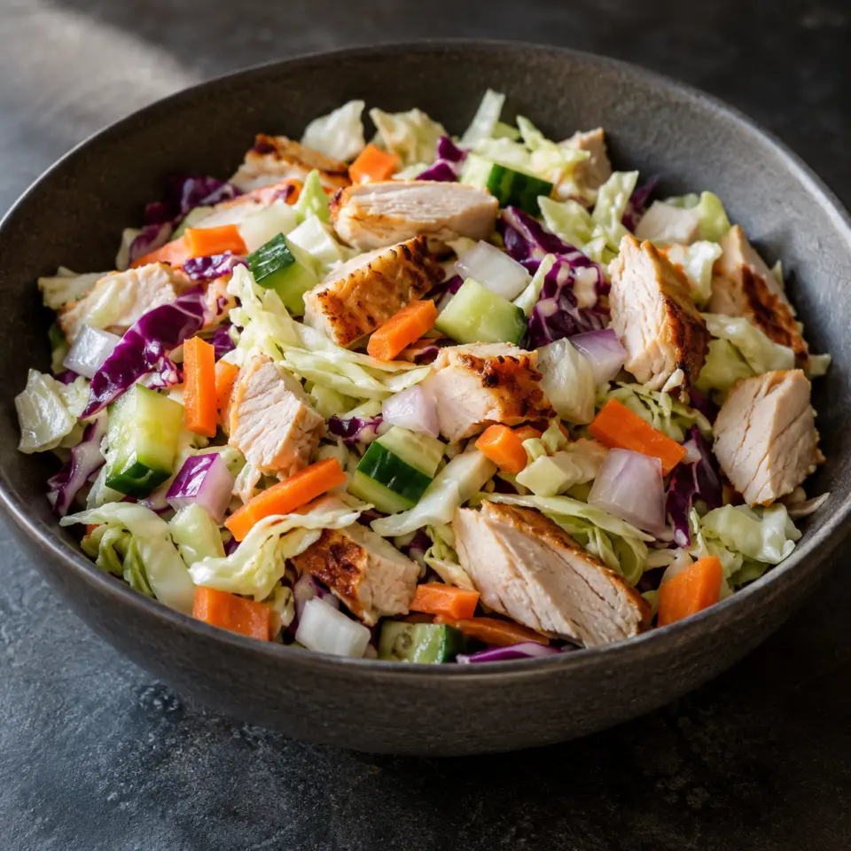 Roast Turkey Salad in a wide bowl on a dark stone table, made with chopped, cabbage, roasted turkey breast, carrots.