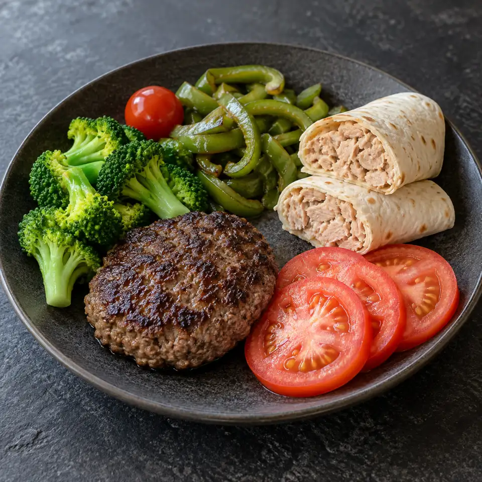 S&r Meets Healthyfied on a plate on a dark stone table, made with one single cherry tomato, broccoli, quarter pound beef patty, capsicum green.