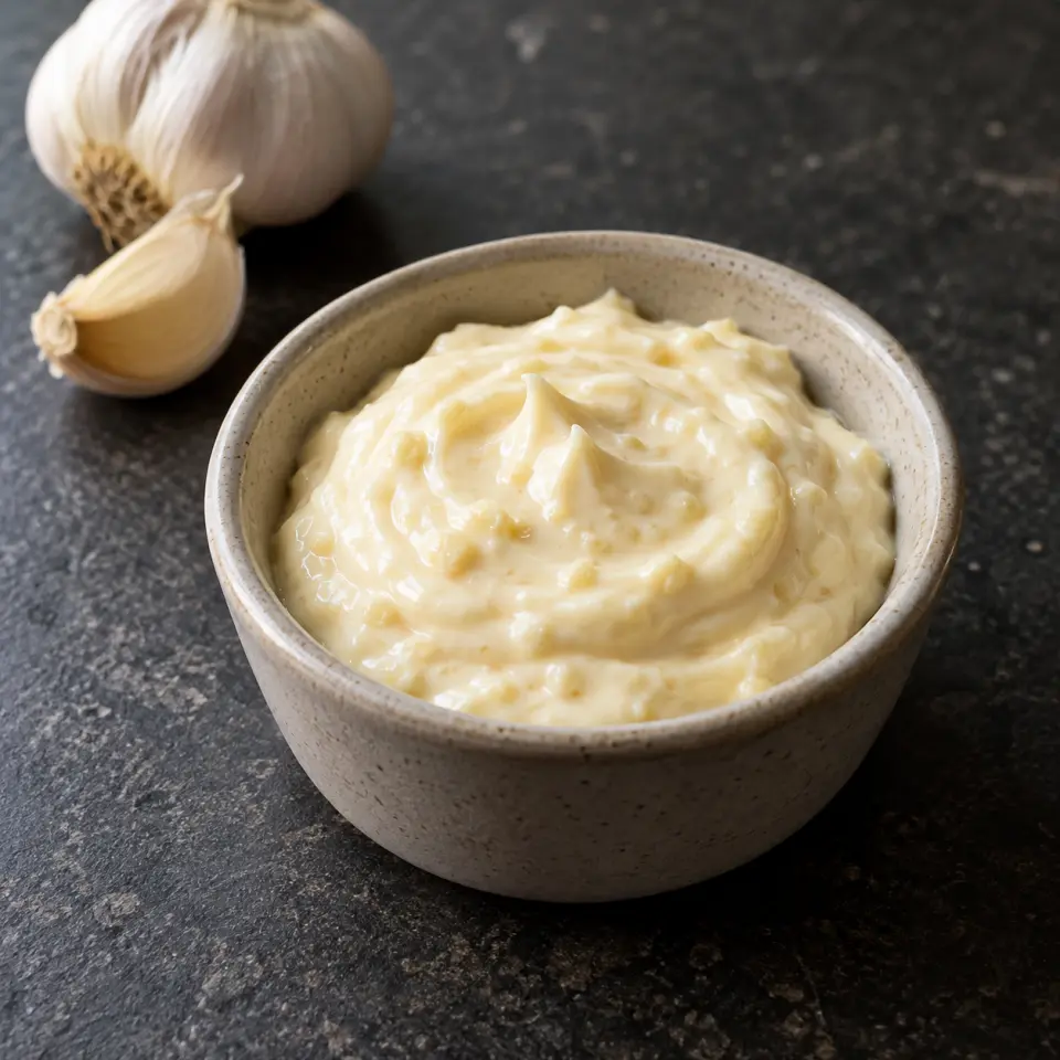 Salad Dressing - Garlic Mayo (500 ML) in a small jar on a dark stone table, made with mayonnaise, garlic clove.