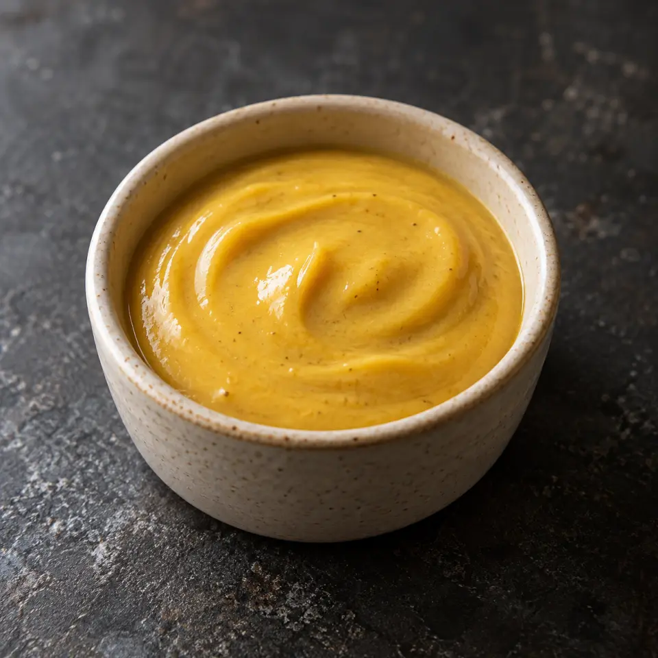 Salad Dressing - Honey Mustard in a small jar on a dark stone table, made with mustard.