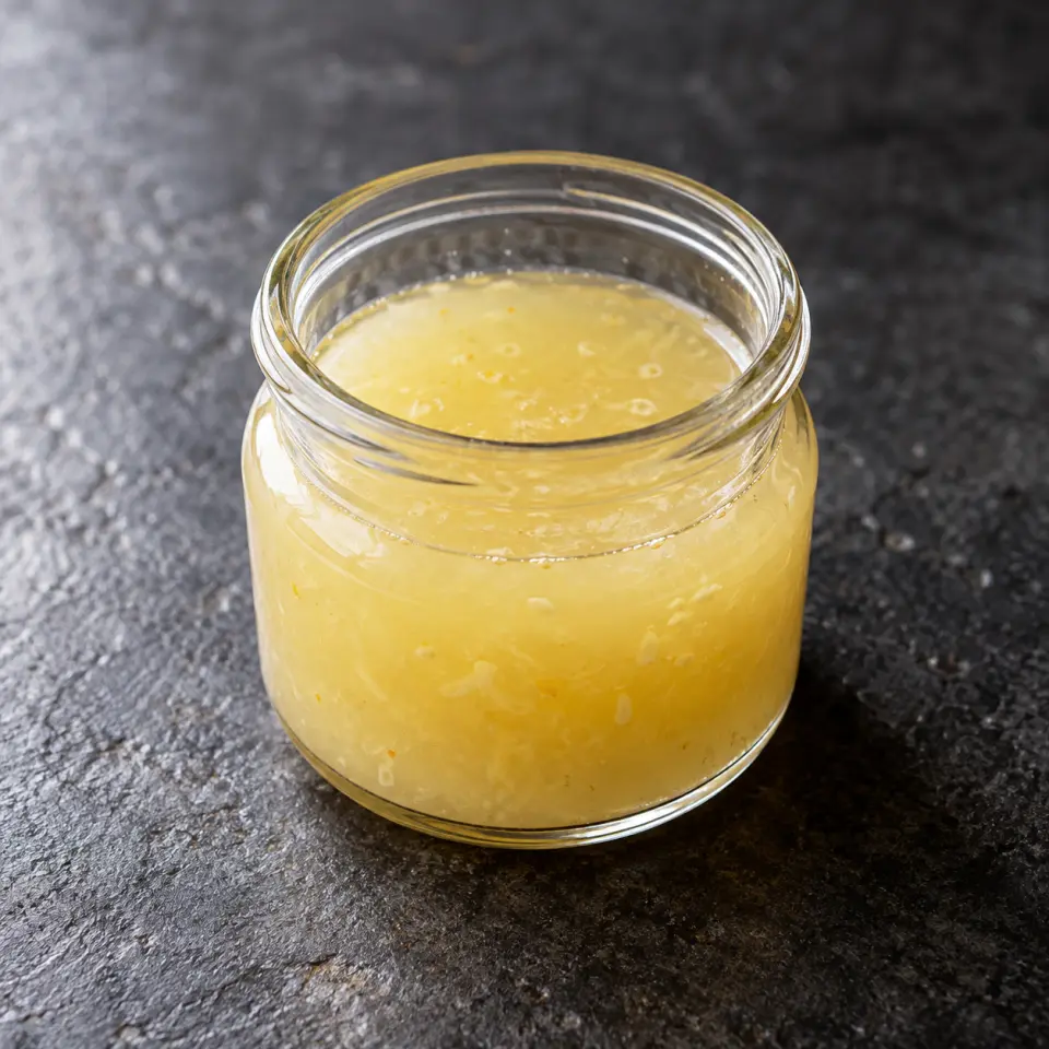 Salad Dressing - Lemon Hint Vinaigrette in a small jar on a dark stone table, made with lemon juice.