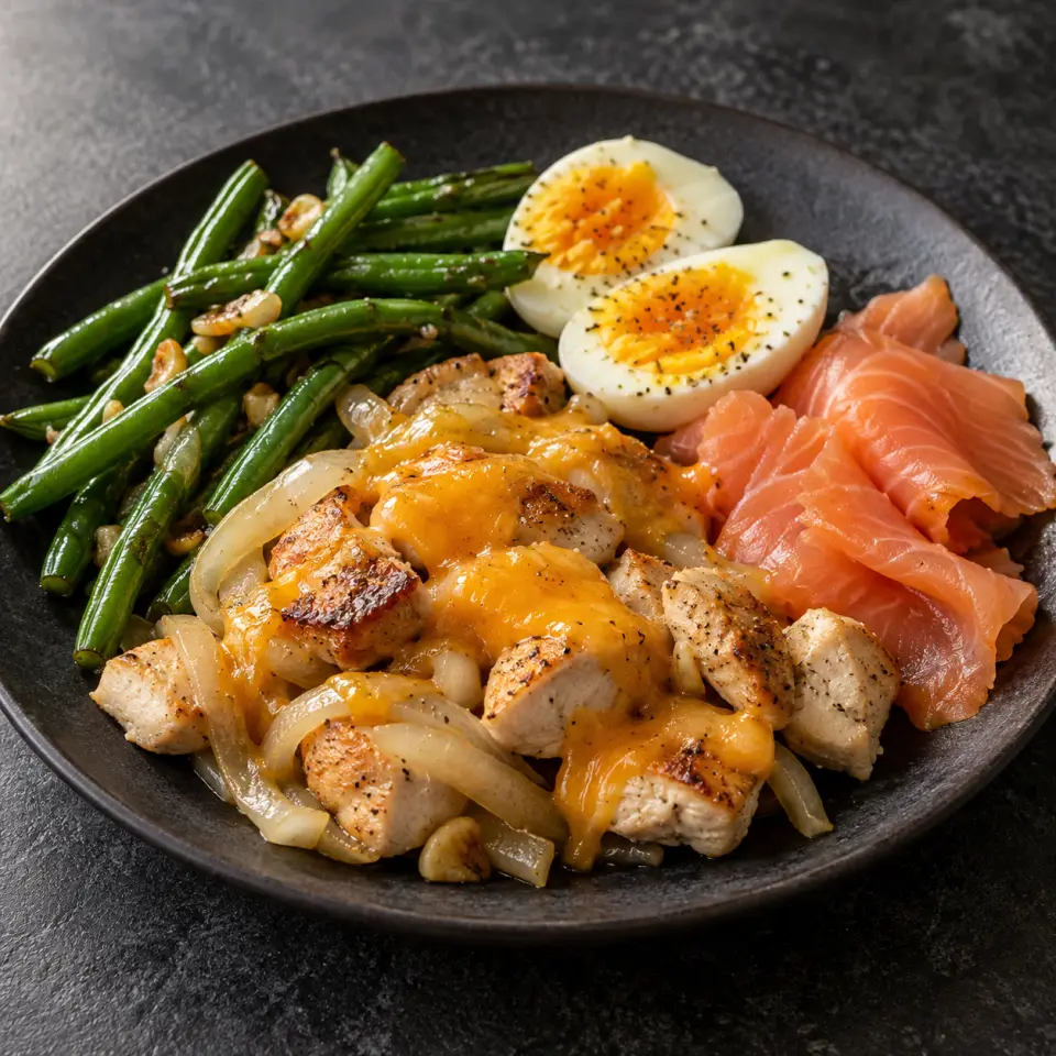 Salmon and Chicken on a plate on a dark stone table, made with green string beans, chicken, egg, smoked salmon slices.