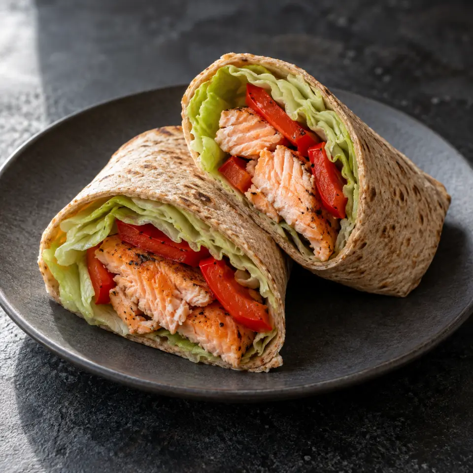 Salmon Bellpepper Wrap on a plate on a dark stone table, made with iceberg lettuce - leaf, wholemeal wrap, grilled salmon steak, red bellpepper.