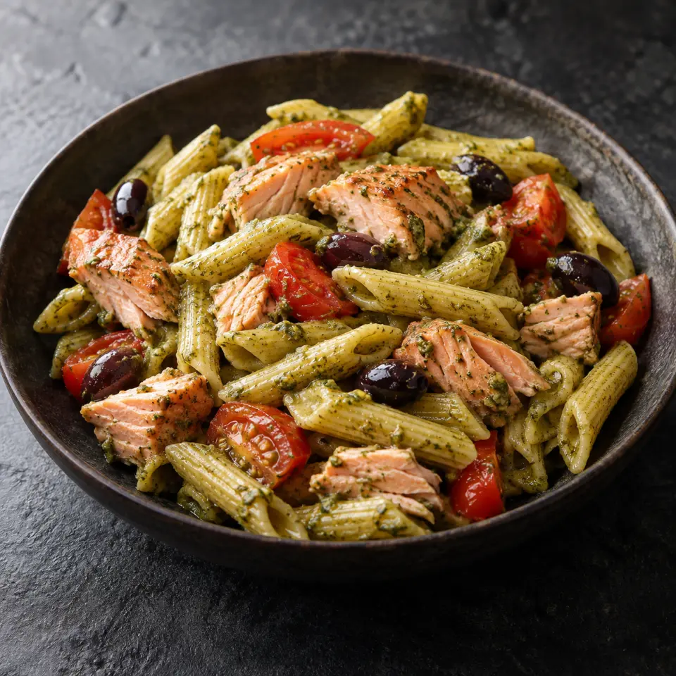 Salmon Pesto Pasta in a bowl on a dark stone table, made with salmon fillets, pesto, penne pasta, tomatoes.