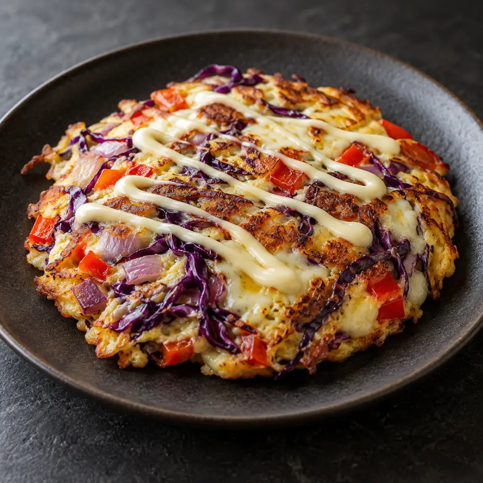 Salmon Vegetable Pancake on a plate on a dark stone table, made with kewpie mayo, eggs, red cabbage, mozzarella cheese.