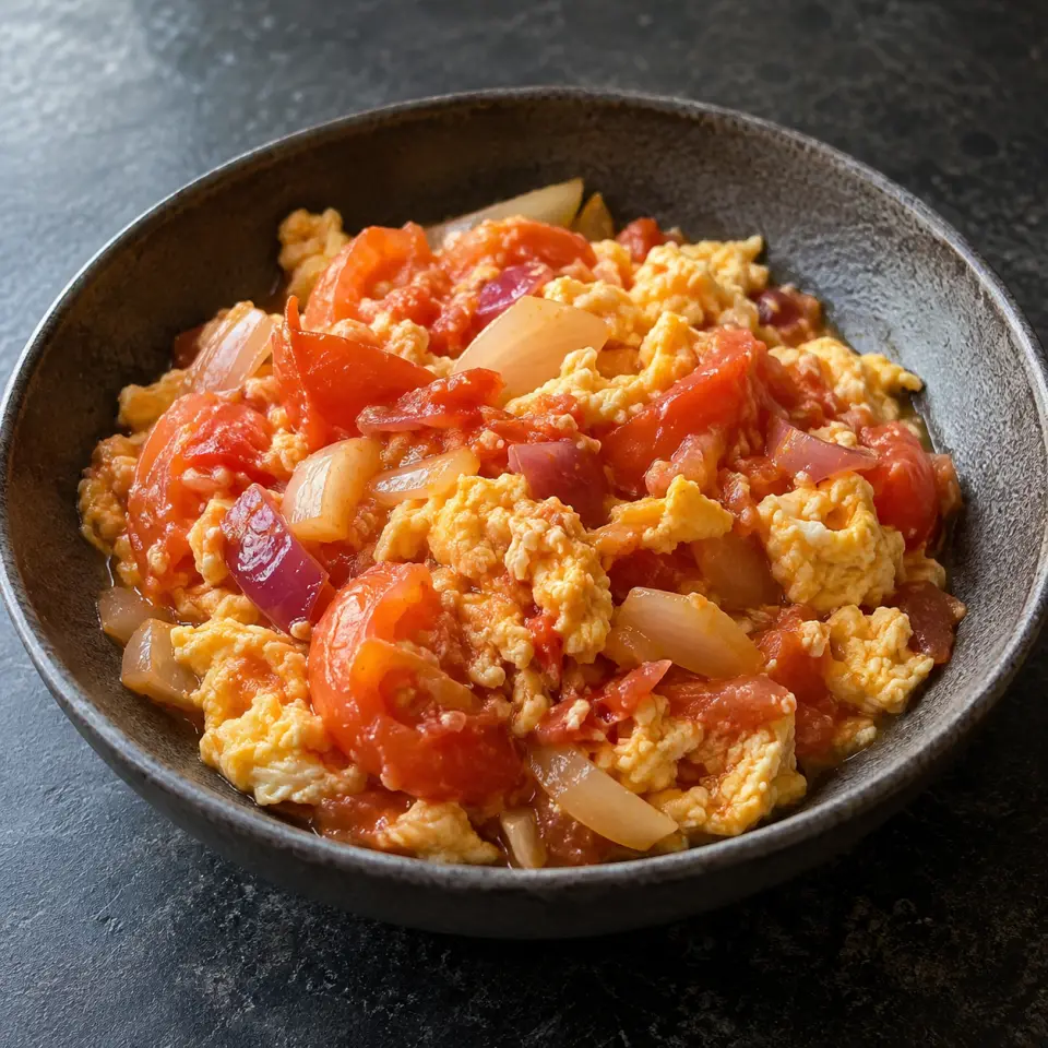 Sarsiadong Kamatis on a plate on a dark stone table, made with garlic, tomato, white onion, red onion.