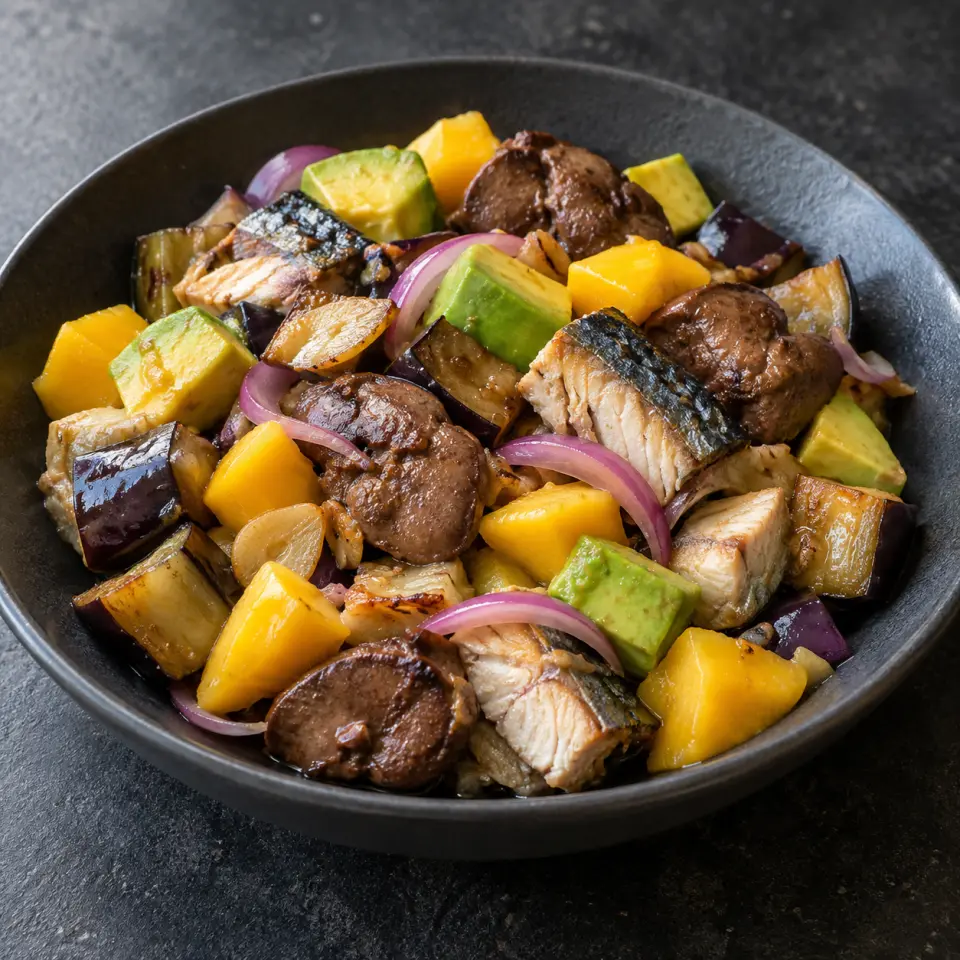 Saturday Liver on a plate on a dark stone table, made with eggplant, cubed, avocado, mango.