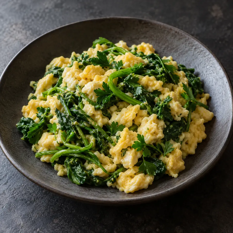Sayote Tops Bellpepper Steamed Scrambled Egg on a plate on a dark stone table, made with eggs, leaves, parsley.