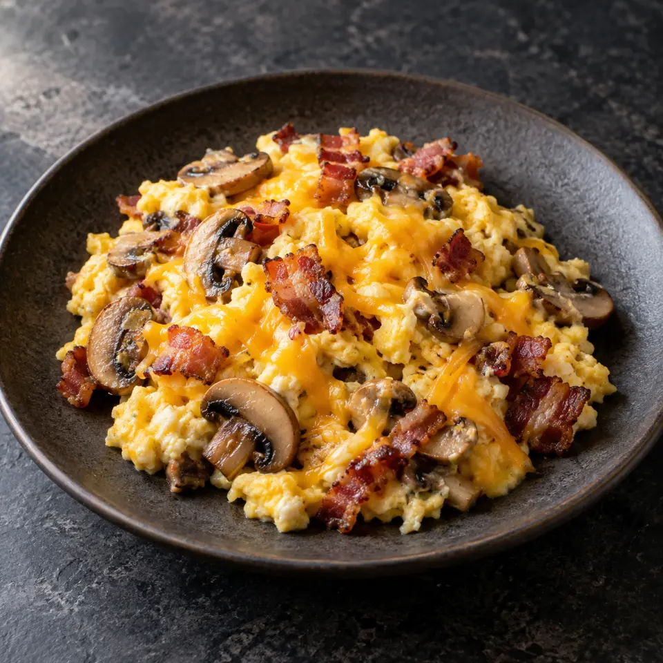 Scrambled Egg with Bacon Mushroom on a plate on a dark stone table, made with egg, button mushroom, shredded, cheddar cheese.