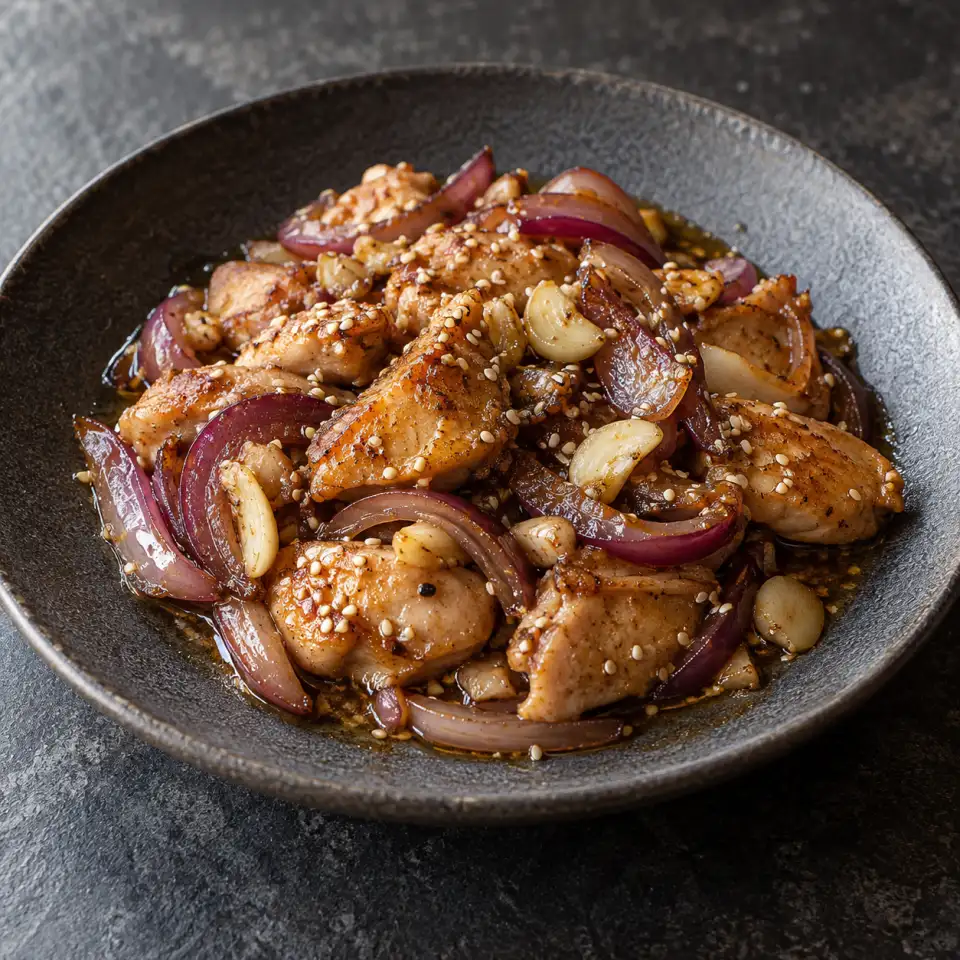Sesame Soy Chicken Enoki Mushroom on a plate on a dark stone table, made with chicken, grams, red onion, garlic.