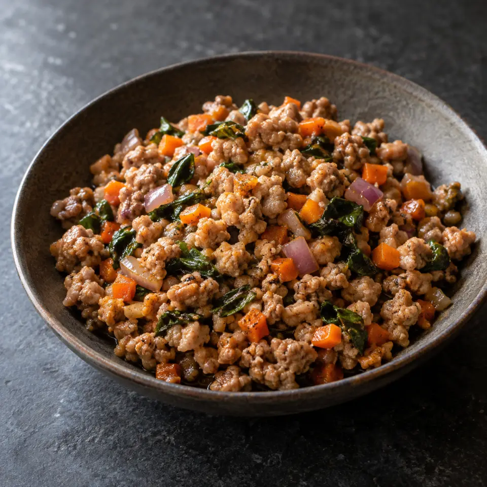 Shanghai Filling on a plate on a dark stone table, made with ground pork, garlic, carrots, chopped.