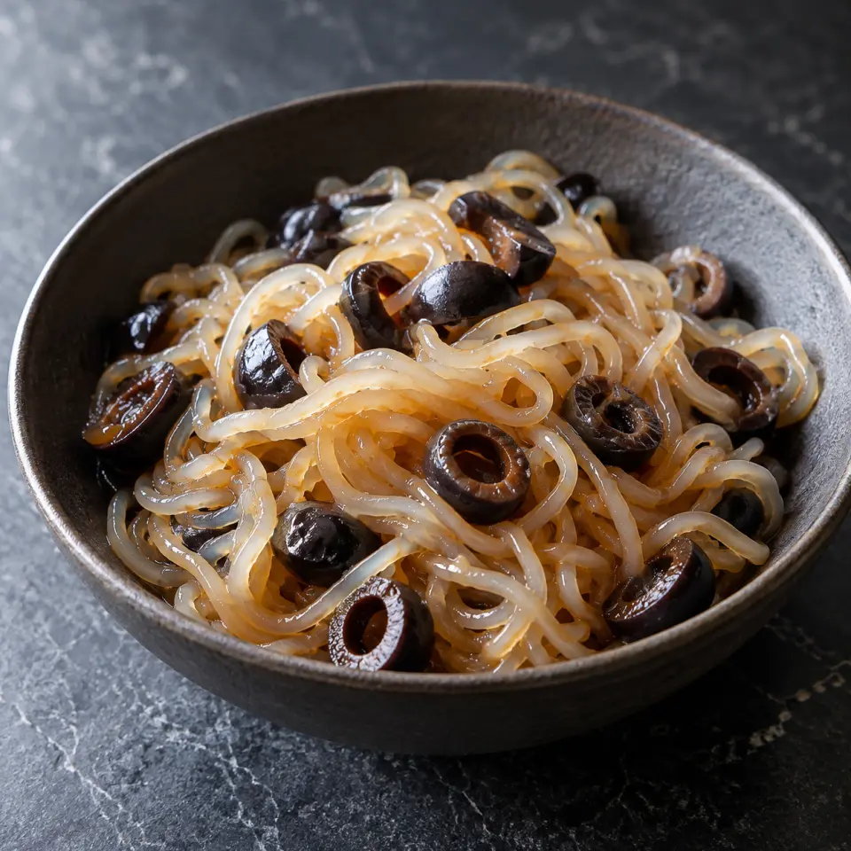 Shirataki Black Olives Noodles in a bowl on a dark stone table, made with shirataki noodles, coconut aminos, black olives, pitted.