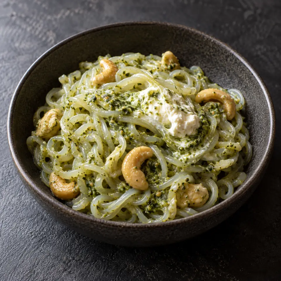 Shirataki Cashew Pesto in a bowl on a dark stone table, made with pesto sauce, cream cheese fluff, cashews, shirataki noodles.