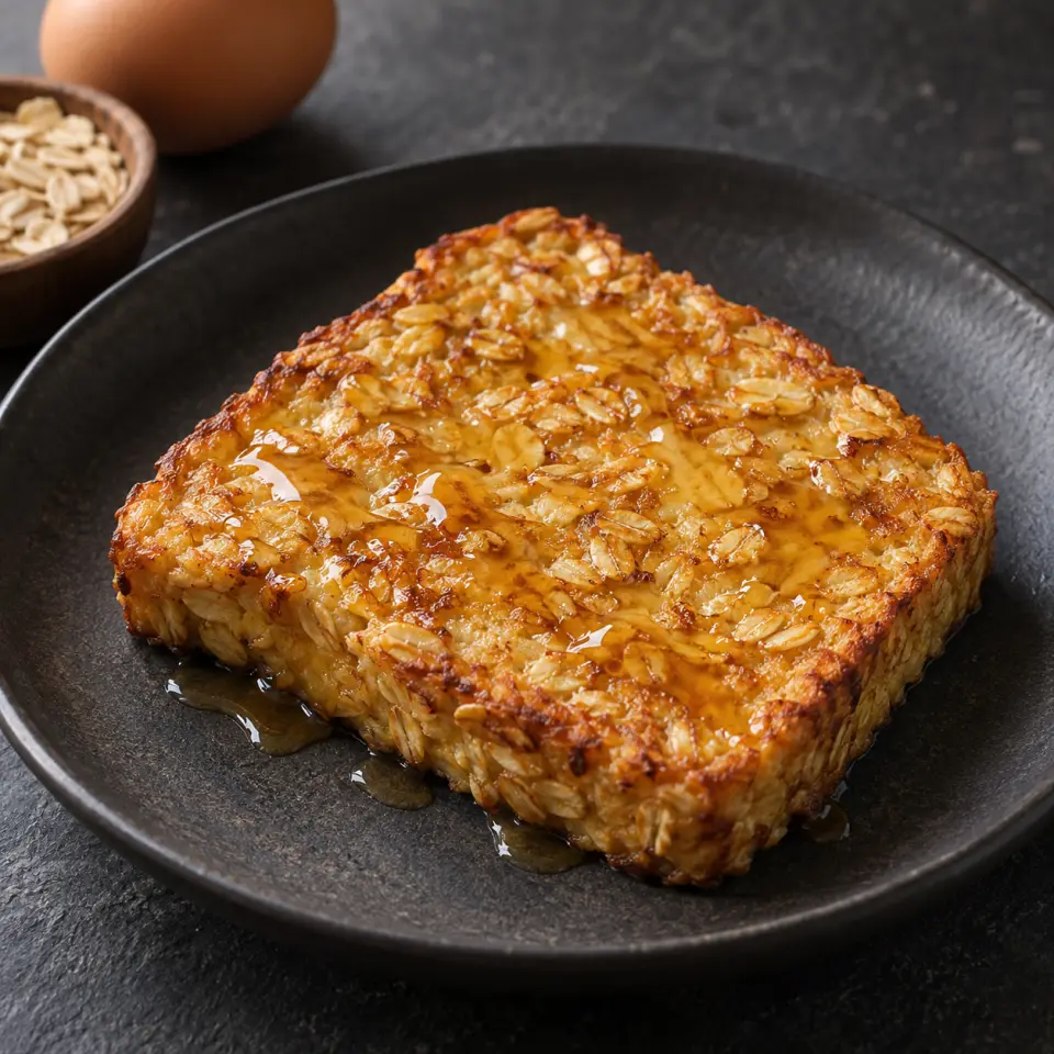 Sky-High Fiber Honey Toast on a plate on a dark stone table, made with egg, rolled oats, honey.
