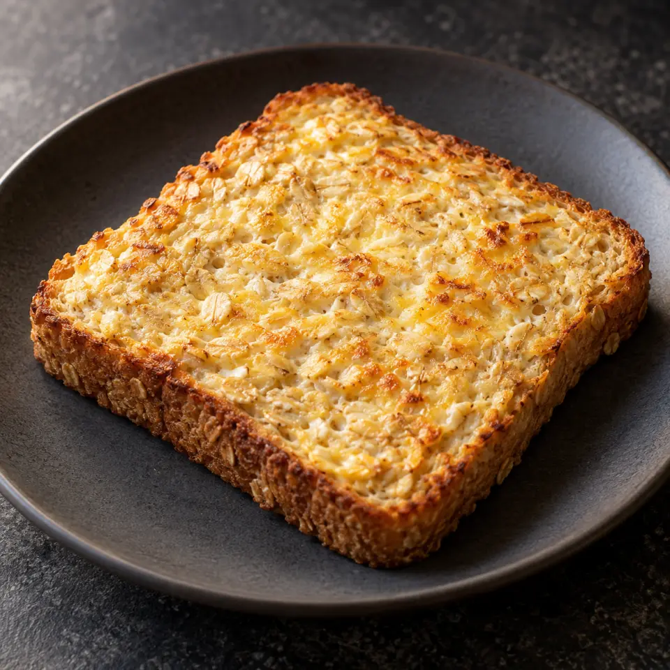 Sky-High Fibre Creamy Toast - Plain on a plate on a dark stone table, made with whole wheat bread, quick cook oats, egg.