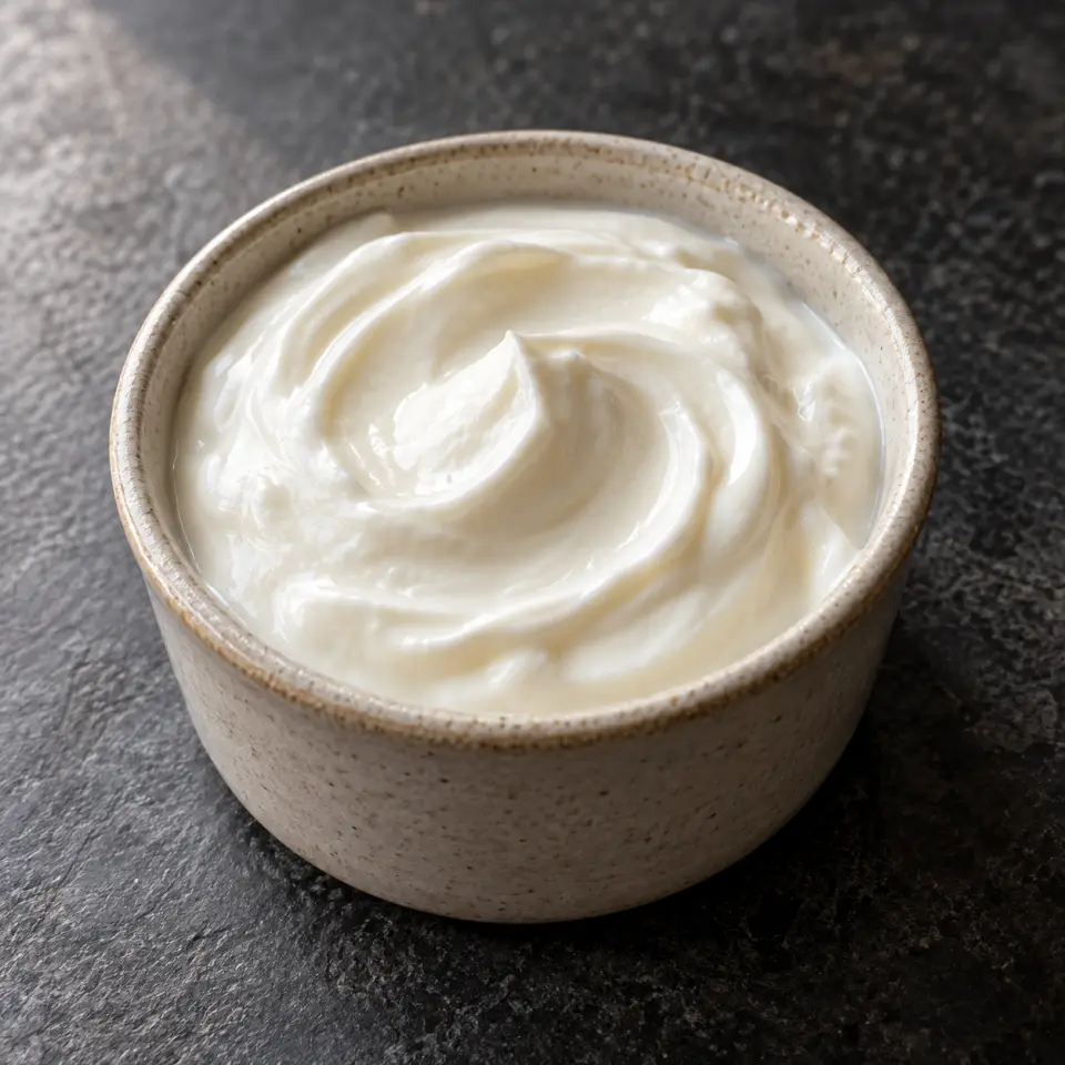 Sour Cream Yogurt in a small jar on a dark stone table, made with greek yogurt, freshly squeezed lemon juice.
