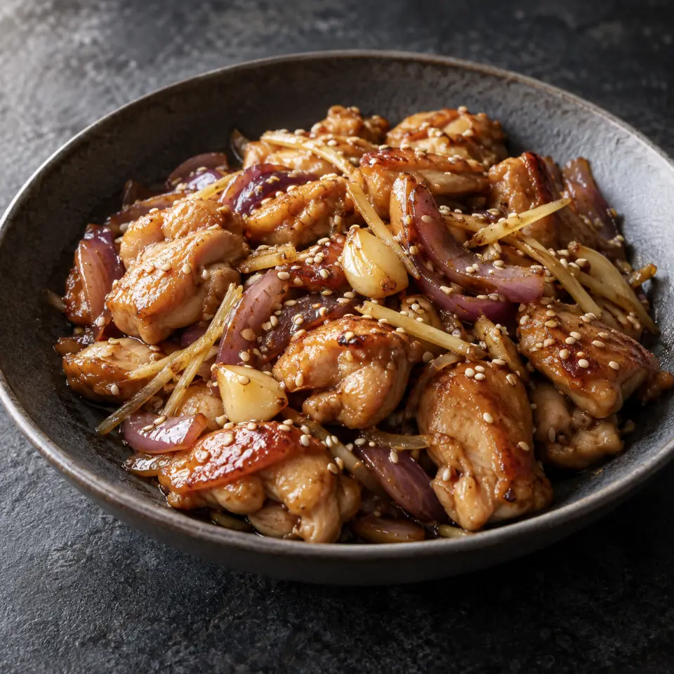 Soy Chicken on a plate on a dark stone table, made with chicken thigh skinless boneless, red onion, garlic, seeds.