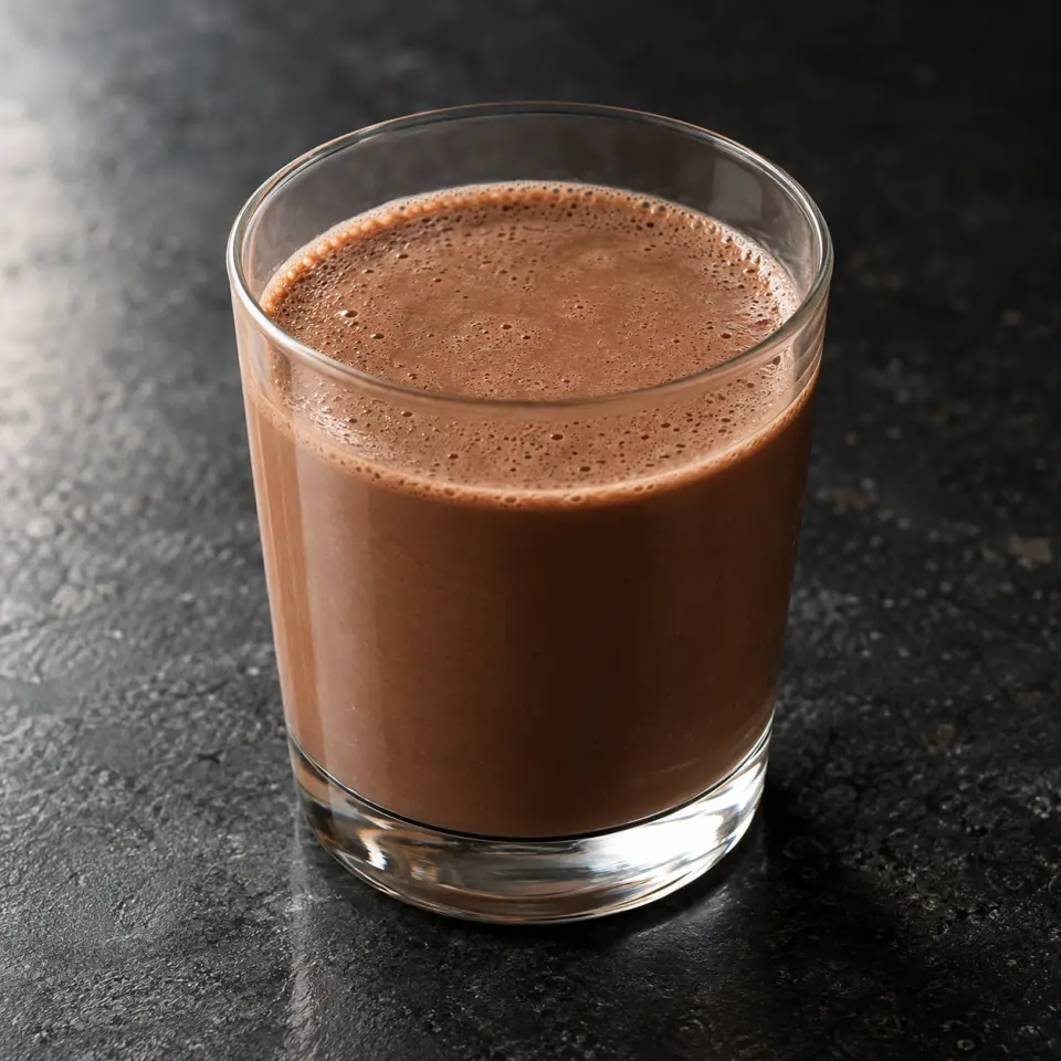 Soy Chocolate Collagen in a glass on a dark stone table, made with double belgian chocolate.