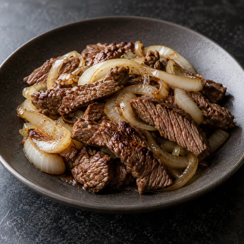 Soy Free Beef Steak on a plate on a dark stone table, made with lean beef, white onion.