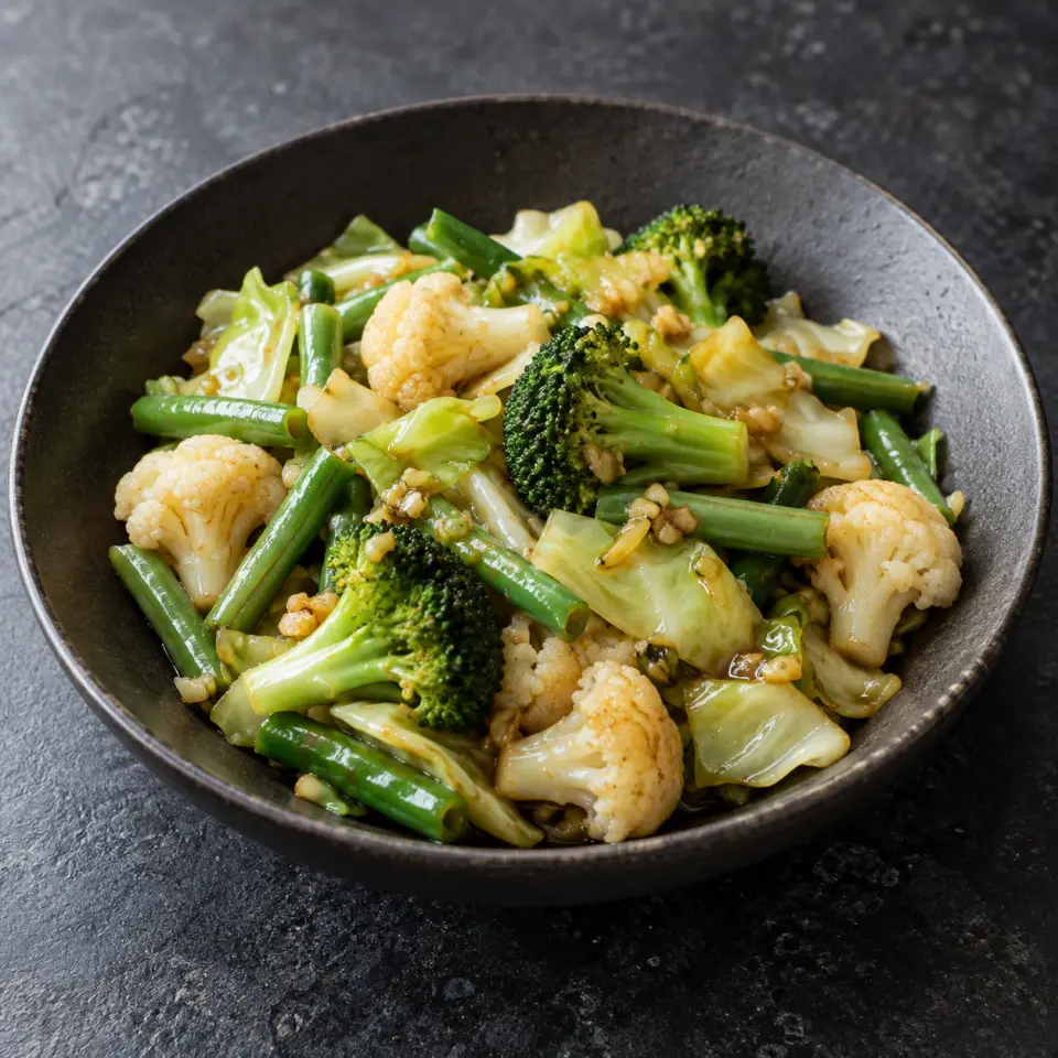 Soy Veggies on a plate on a dark stone table, made with garlic, green cabbage, cauliflower, broccoli.