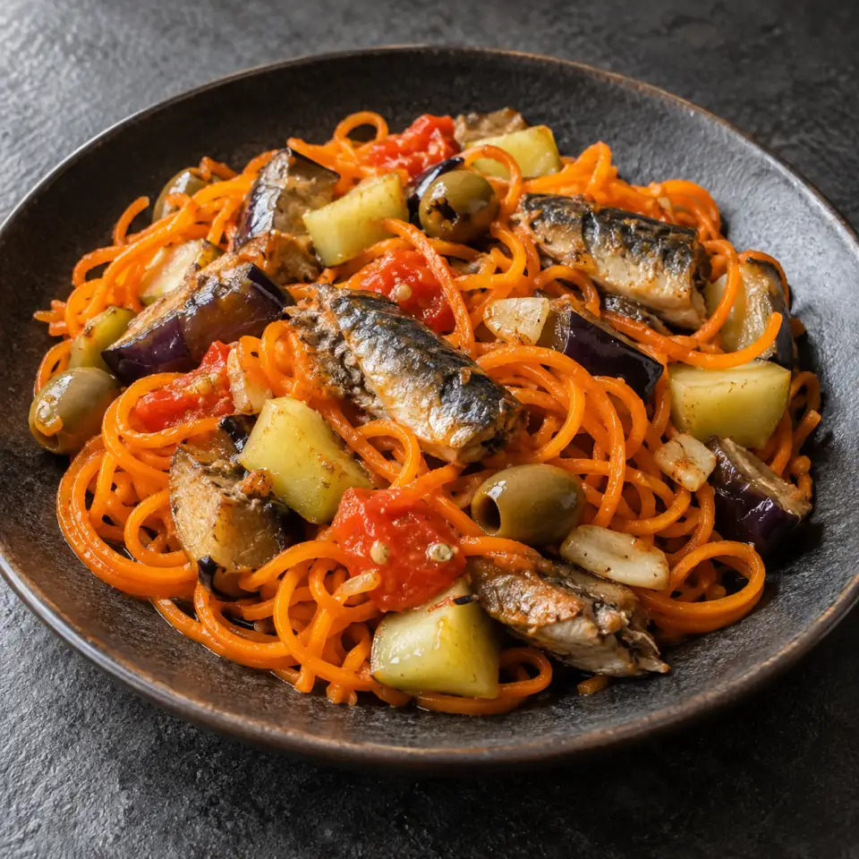 Spicy Carrots Tinapa on a plate on a dark stone table, made with spiralized carrot noodles, tomato-whole, small, tamban.
