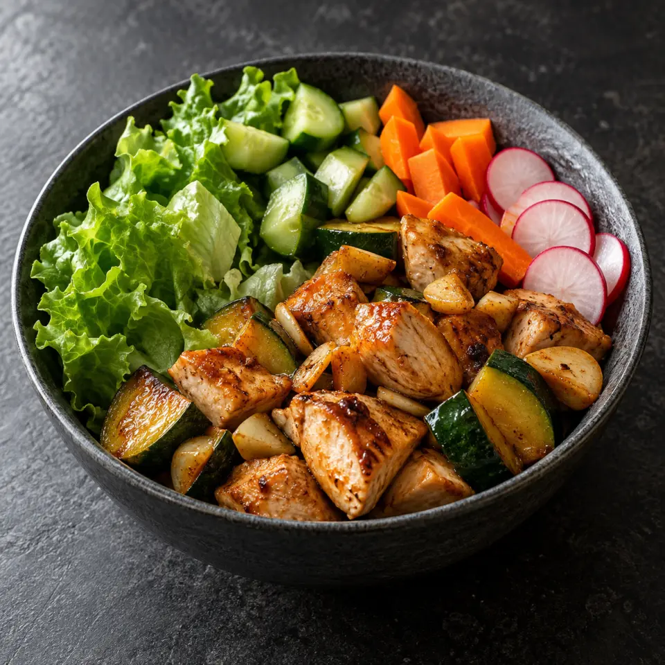 Spicy Chicken Mongolian No Rice in a bowl on a dark stone table, made with lettuce, green leaf, garlic, cucumber.