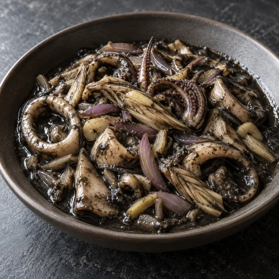 Squid in Creamy Ink on a plate on a dark stone table, made with squid, banana blossom/ flower, red onion, garlic.
