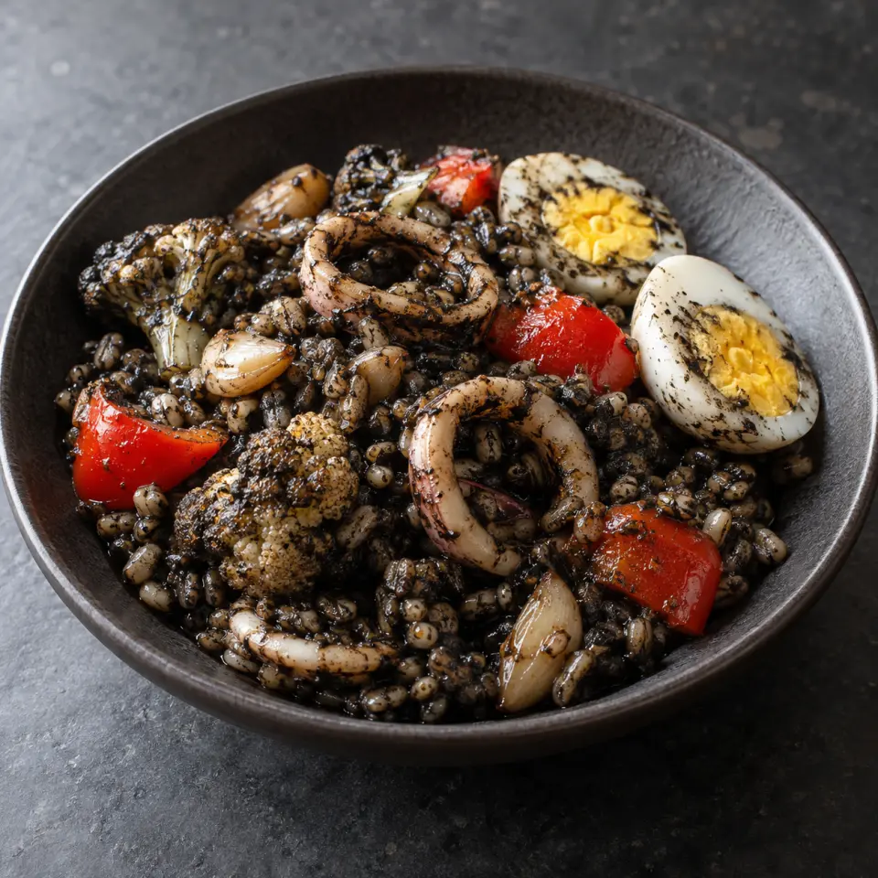 Squid Ink ALog on a plate on a dark stone table, made with garlic, 율무, squid rings, egg.