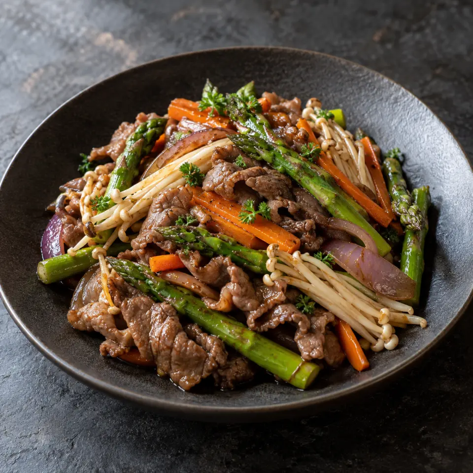Steak with Asparagus Carrot Enoki on a plate on a dark stone table, made with steamable asparagus spears, parsley, beef sukiyaki meat, chopped.