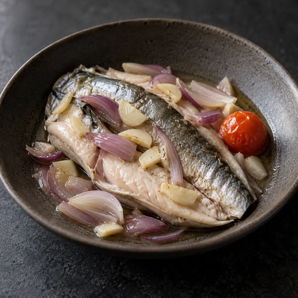 Steamed Boneless Bangus on a plate on a dark stone table, made with one single cherry tomato, boneless milkfish belly, garlic, red onion.