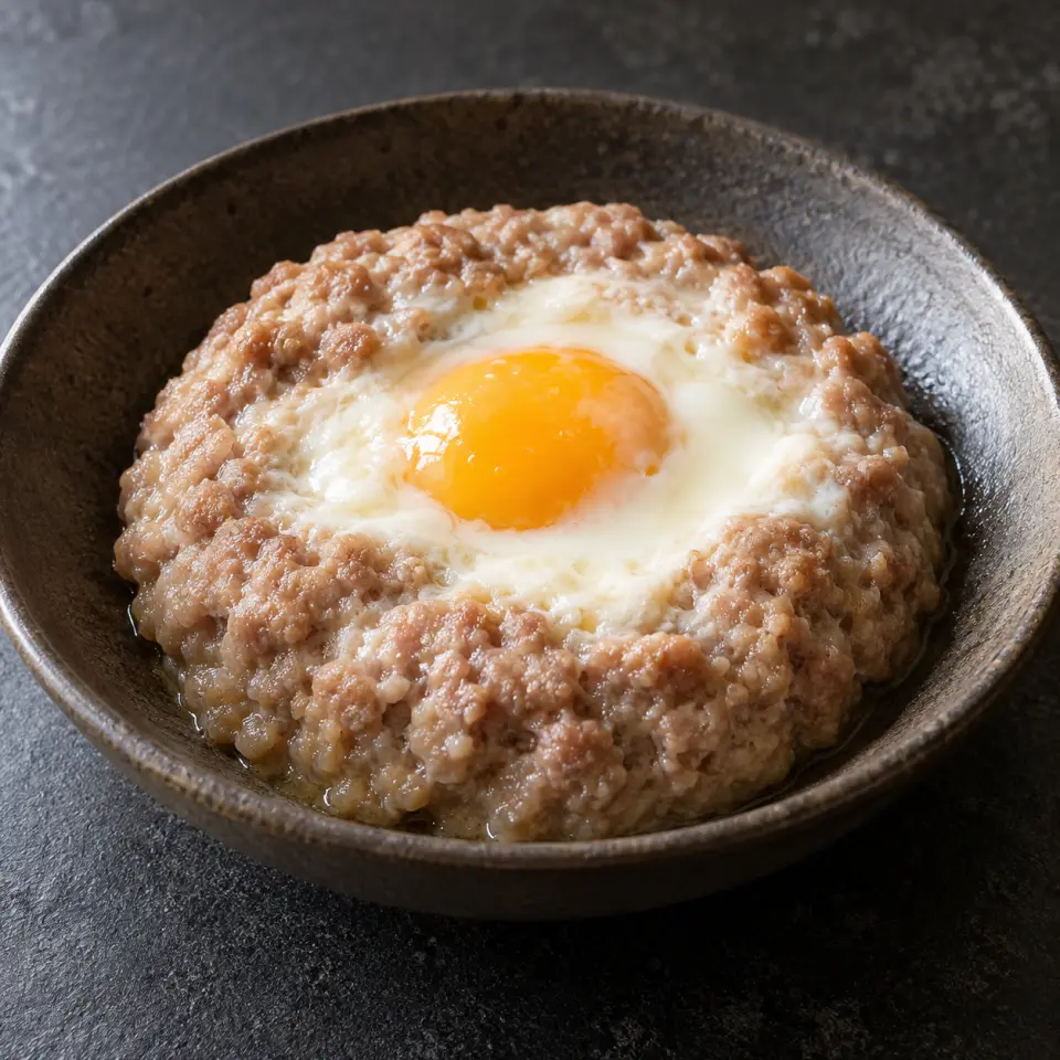 Steamed Egg In Pork on a plate on a dark stone table, made with egg, ground ~.