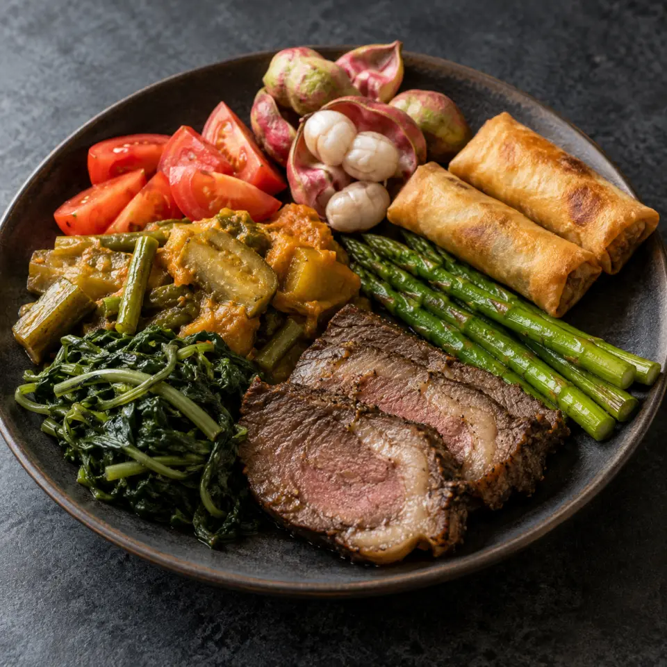 Sunday Camachile on a plate on a dark stone table, made with tomatoes, vegetable kare-kare, chopped, sweet potato leaves.