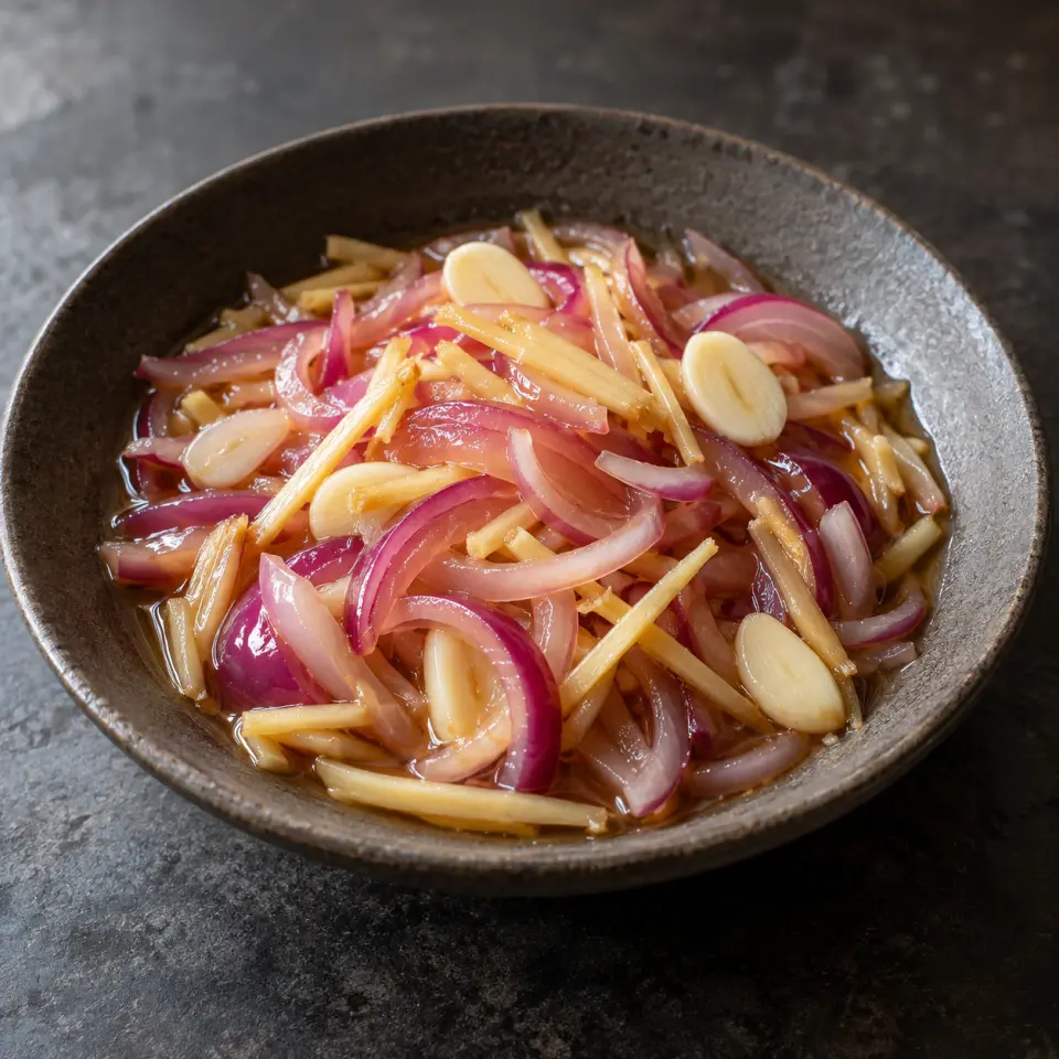 Sweet and Sour Escabeche on a plate on a dark stone table, made with red onion, garlic, ginger root.