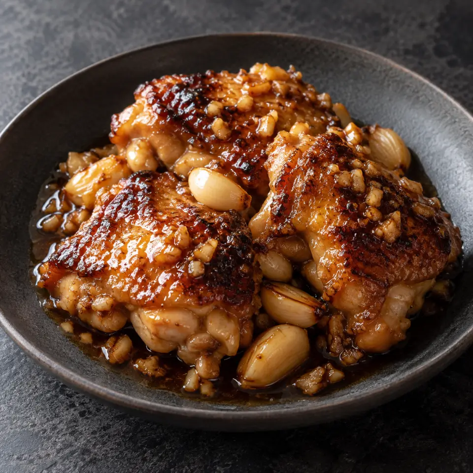 Sweet Garlic Chicken on a plate on a dark stone table, made with chicken thighs, garlic.
