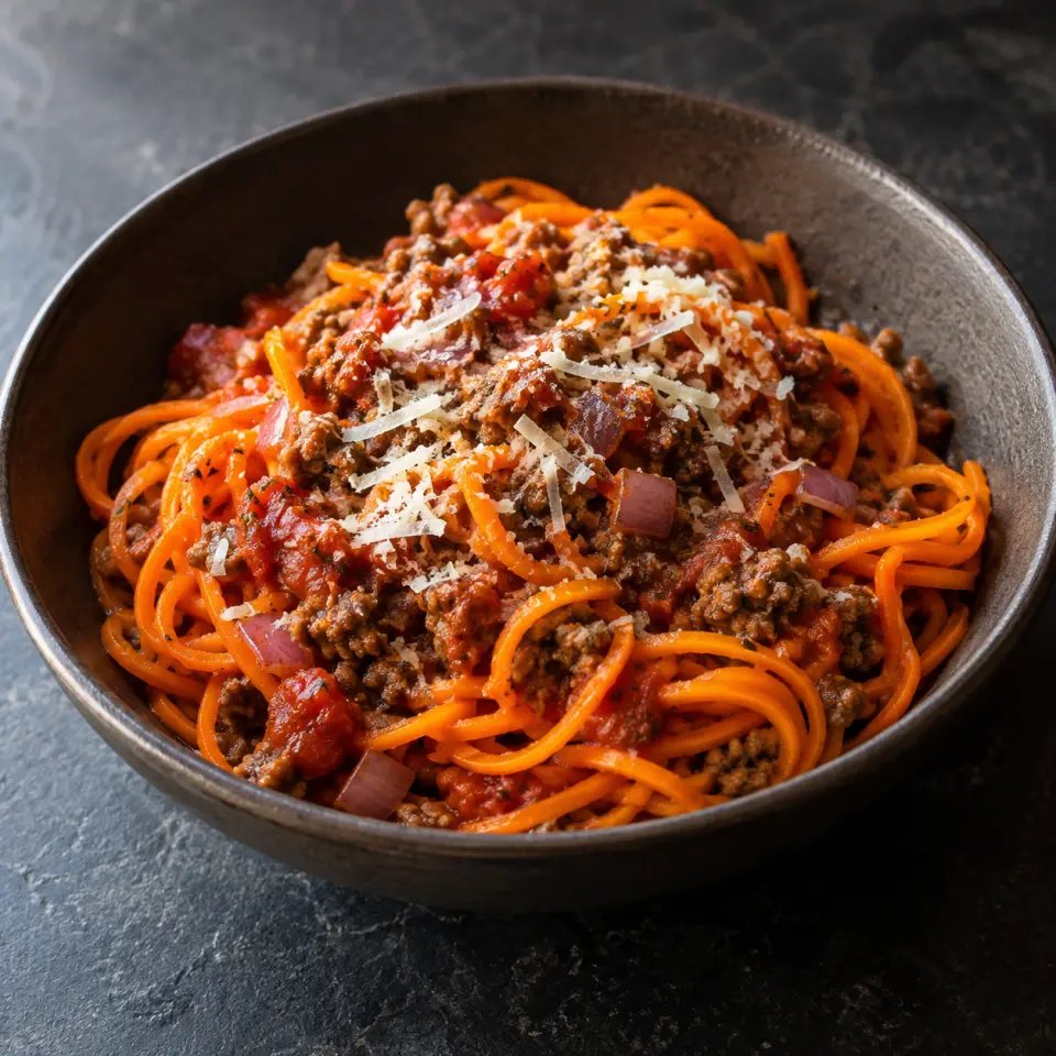 Sweet Style Carrot Spaghetti on a plate on a dark stone table, made with spiralized carrot noodles, cheese - parmesan, grated, chopped red onion.