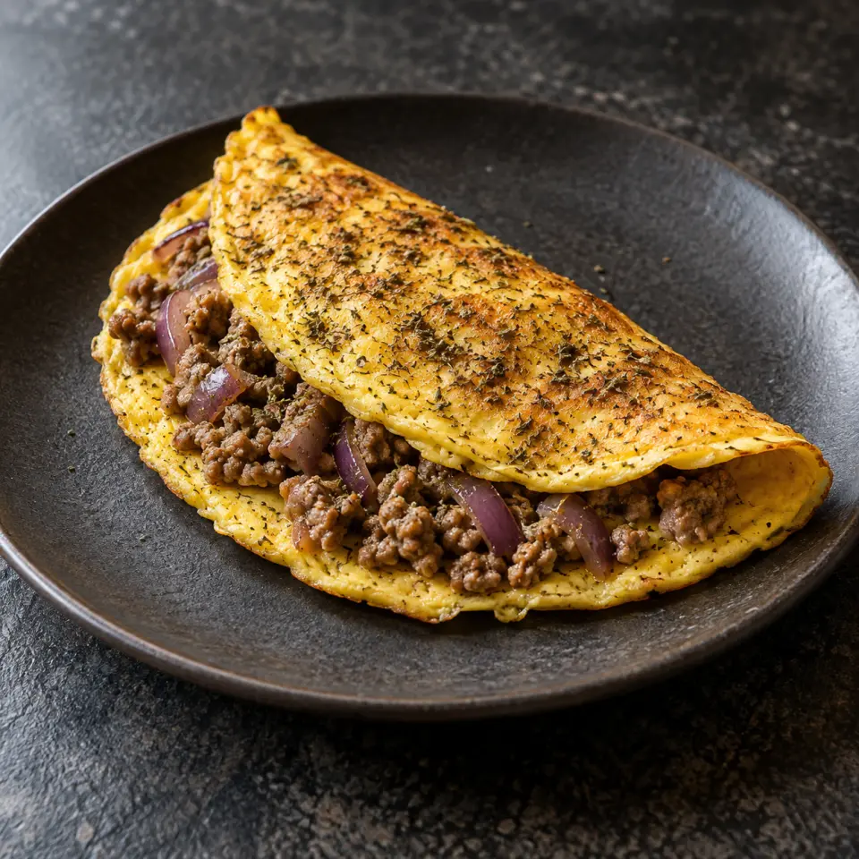 Taco Omellete in Bellpepper on a plate on a dark stone table, made with egg, pork, red onion, spices.