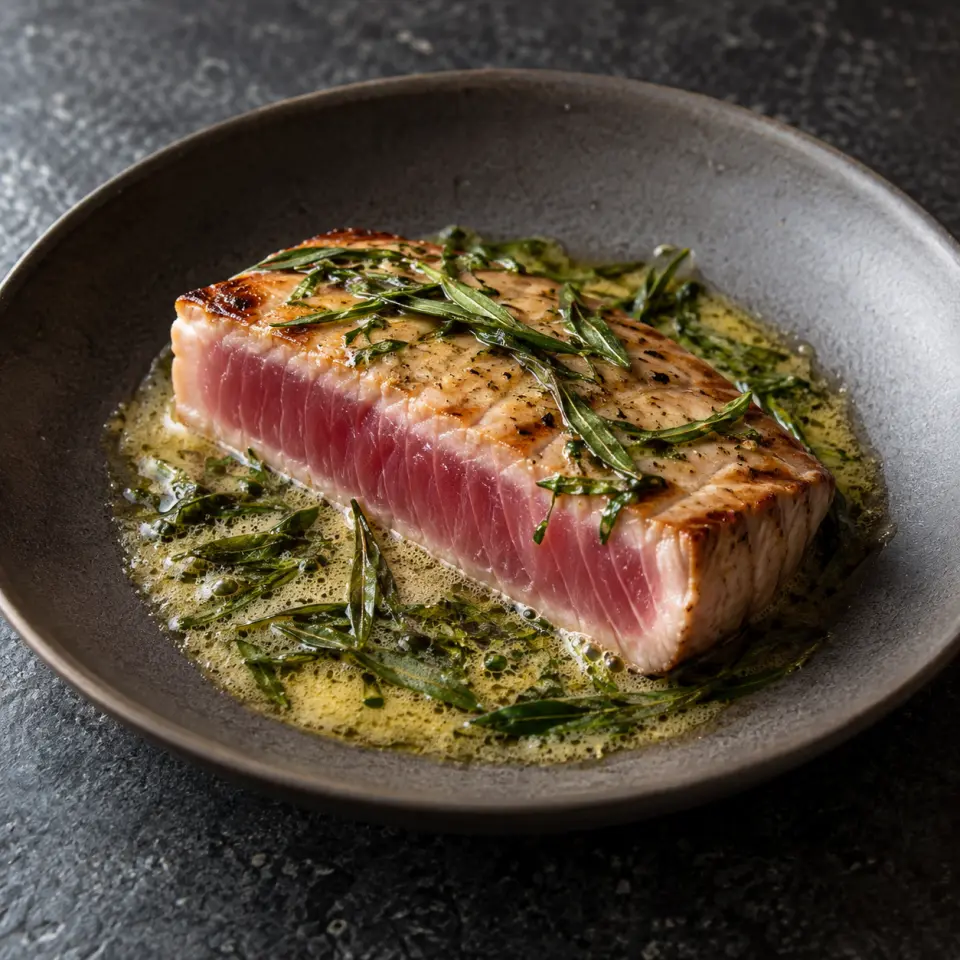 Taragon Buttered Tuna on a plate on a dark stone table, made with sashimi tuna, butter - unsalted, herb - taragon.
