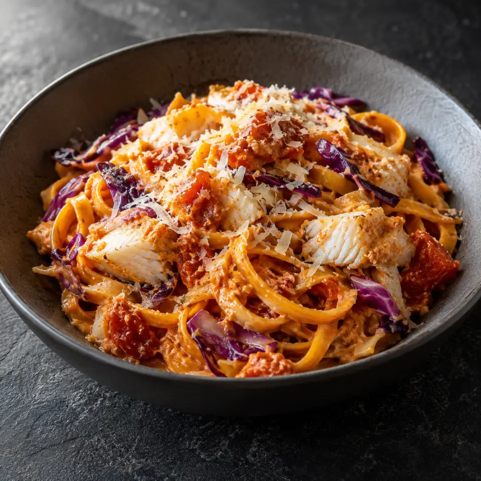 Three Cheese Halibut Red Pesto Pasta in a bowl on a dark stone table, made with halibut, cabbage, red, calendula noodles.