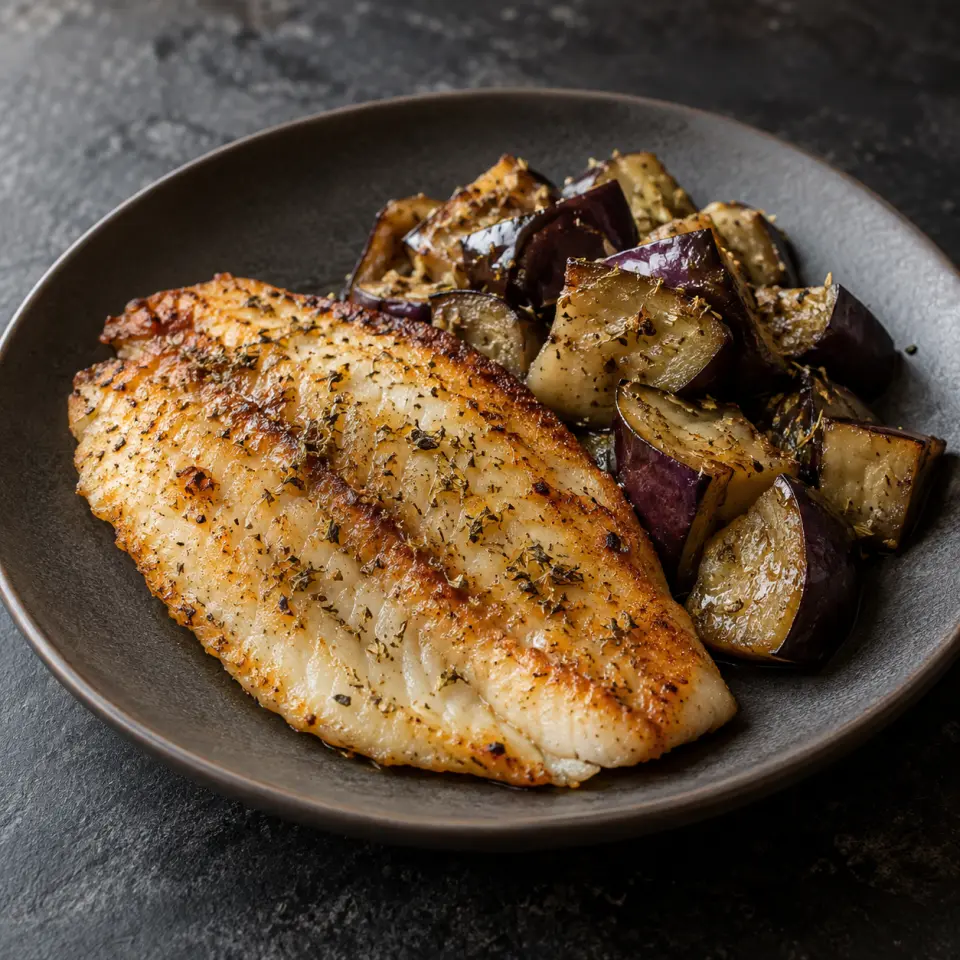 Tilapia Caulirice on a plate on a dark stone table, made with tilapia, eggplant, spices, marjoram.