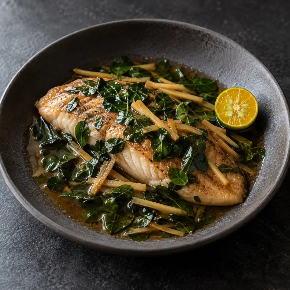 Tilapia in Soy Ginger on a plate on a dark stone table, made with tilapia, moringa - pure leaves, ginger root, calamansi.