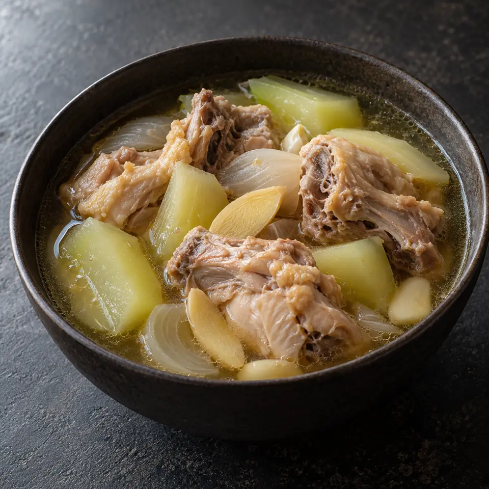 Tinola in a bowl on a dark stone table, made with papayas, chicken back portions, onion, ginger root.