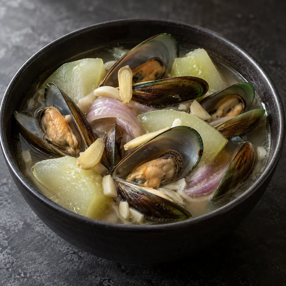 Tinolang Tahong in a bowl on a dark stone table, made with mussels, papayas, red onion, garlic.