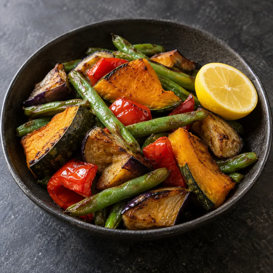 Toasted Squash Green Beans on a plate on a dark stone table, made with egg plant, kabocha squash, baguio beans, red bell peppers.