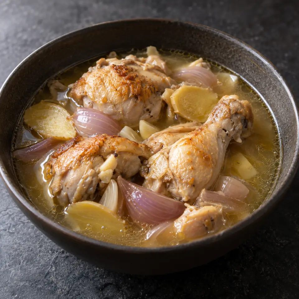 Toasted Tinola Chicken in a bowl on a dark stone table, made with chicken, red onion, garlic, ginger root.