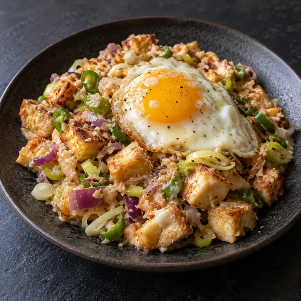 Tofu Sisig with Egg on a plate on a dark stone table, made with egg, leeks, red onion, garlic.