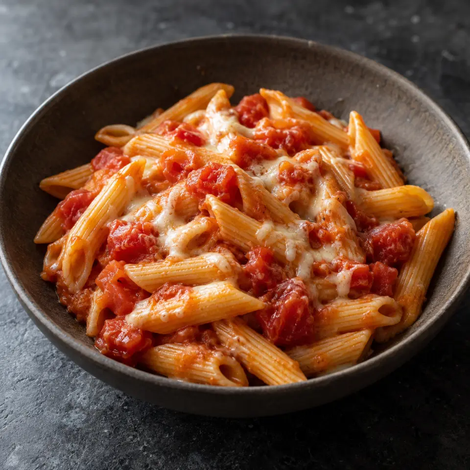 Tomato Alpine Penne Pasta in a bowl on a dark stone table, made with penne rigate, diced, cheese, medium size.